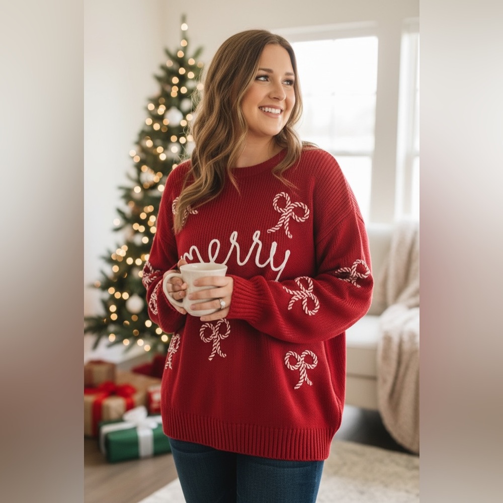 Boutique Thick Knit Red Merry Christmas Crewneck Sweater